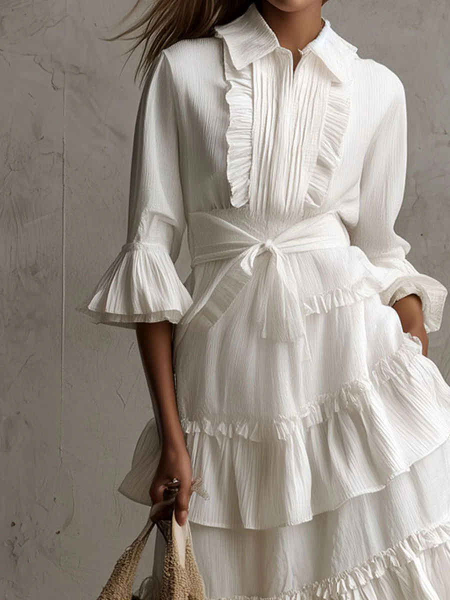 Retro Boho Ivory Bloom Ruffled Tiered Shirt Dress - Image 2