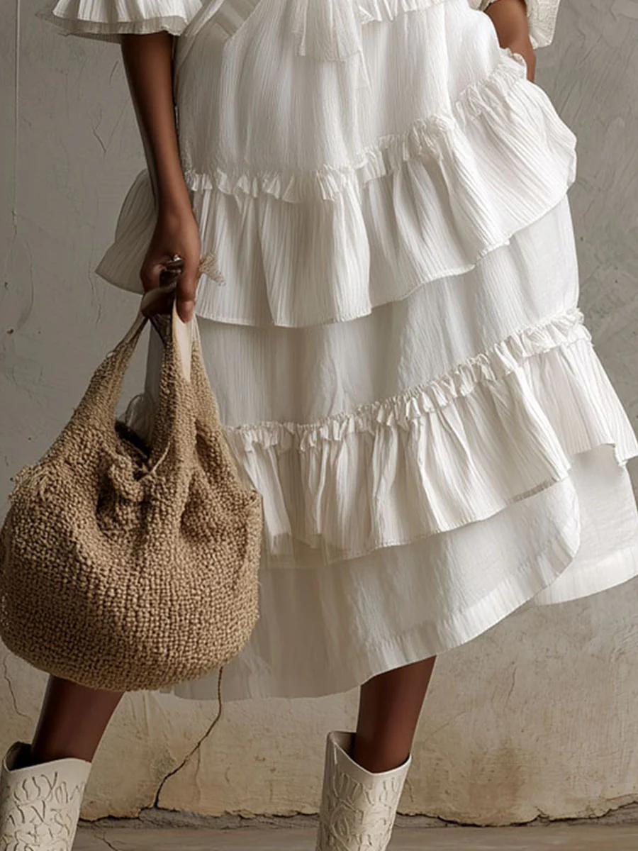 Retro Boho Ivory Bloom Ruffled Tiered Shirt Dress - Image 3
