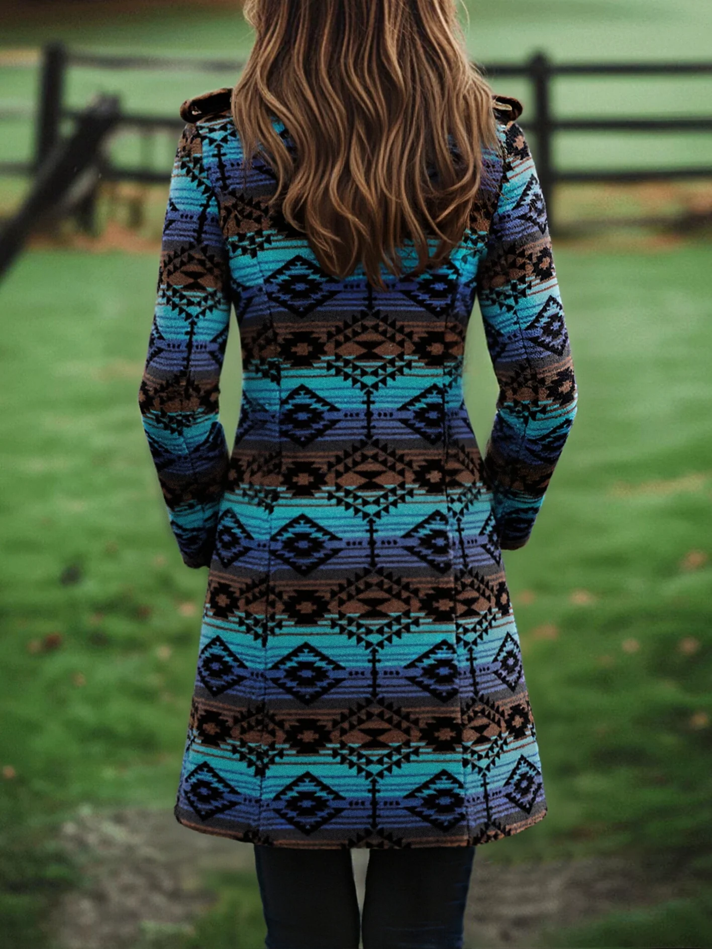 Retro Boho Longline Tribal Print Wool Long Coat - Image 2