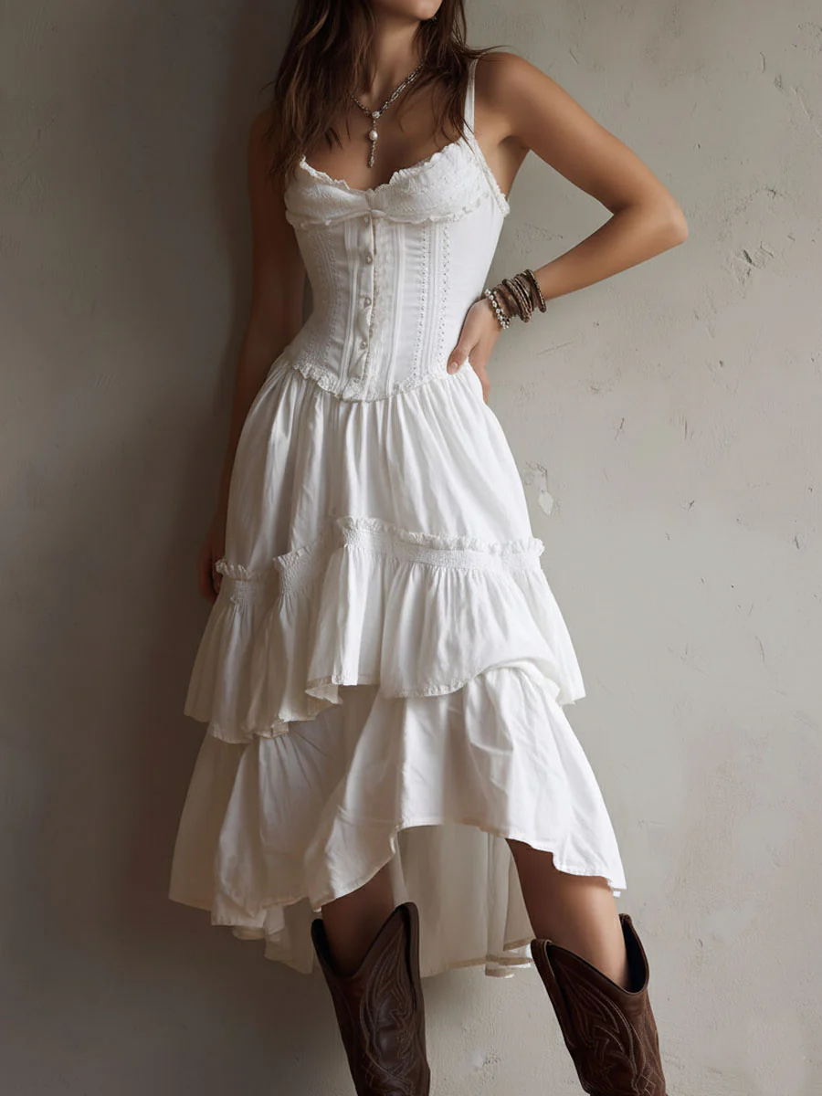 Retro Boho White Corset Tiered Midi Dress With Lace-Trim - Image 3