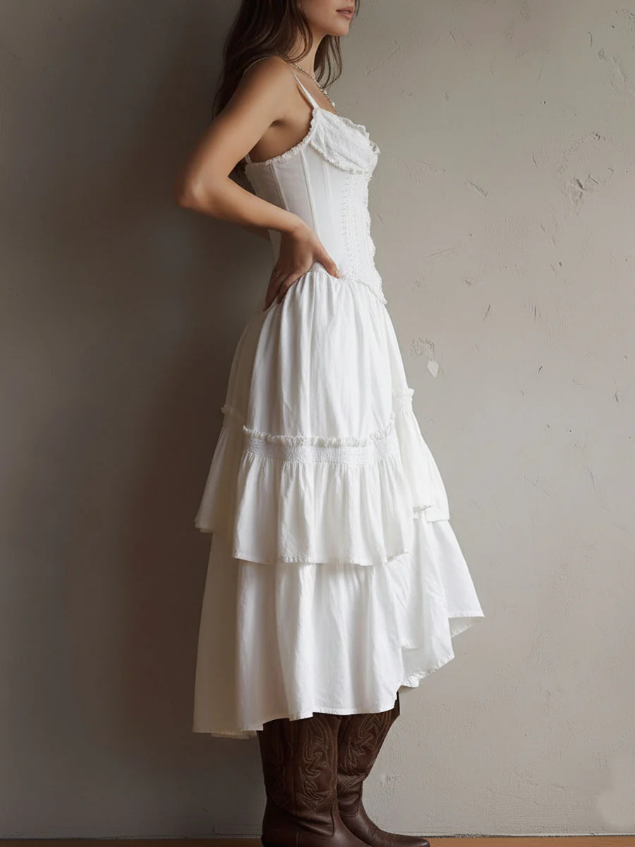 Retro Boho White Corset Tiered Midi Dress With Lace-Trim - Image 4