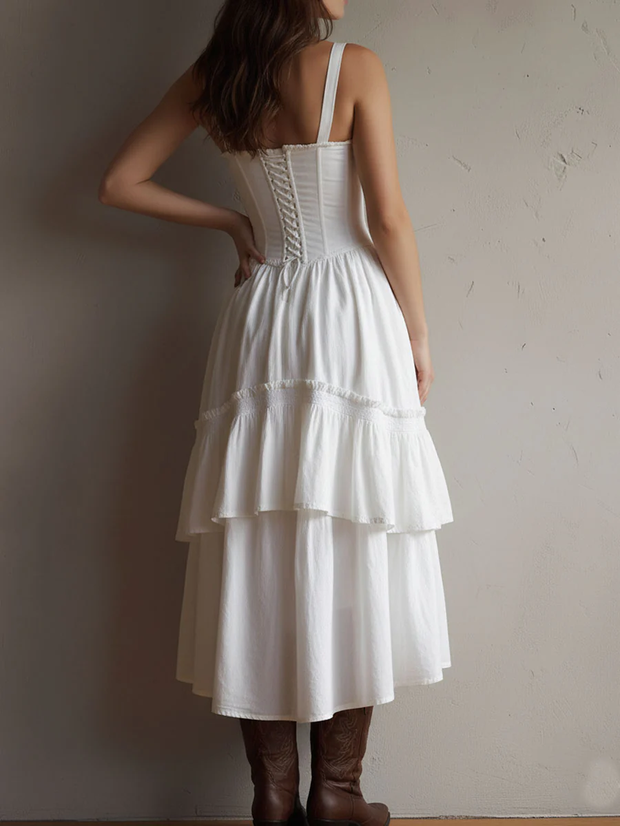 Retro Boho White Corset Tiered Midi Dress With Lace-Trim - Image 5