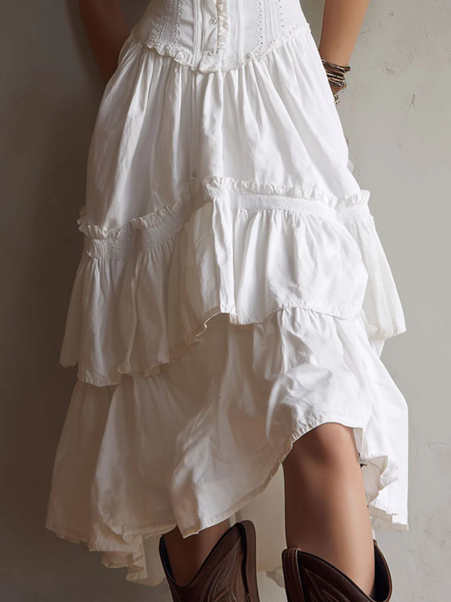 Retro Boho White Corset Tiered Midi Dress With Lace-Trim - Image 7