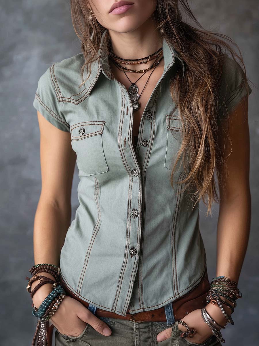 Retro Button Pockets Denim Blouse