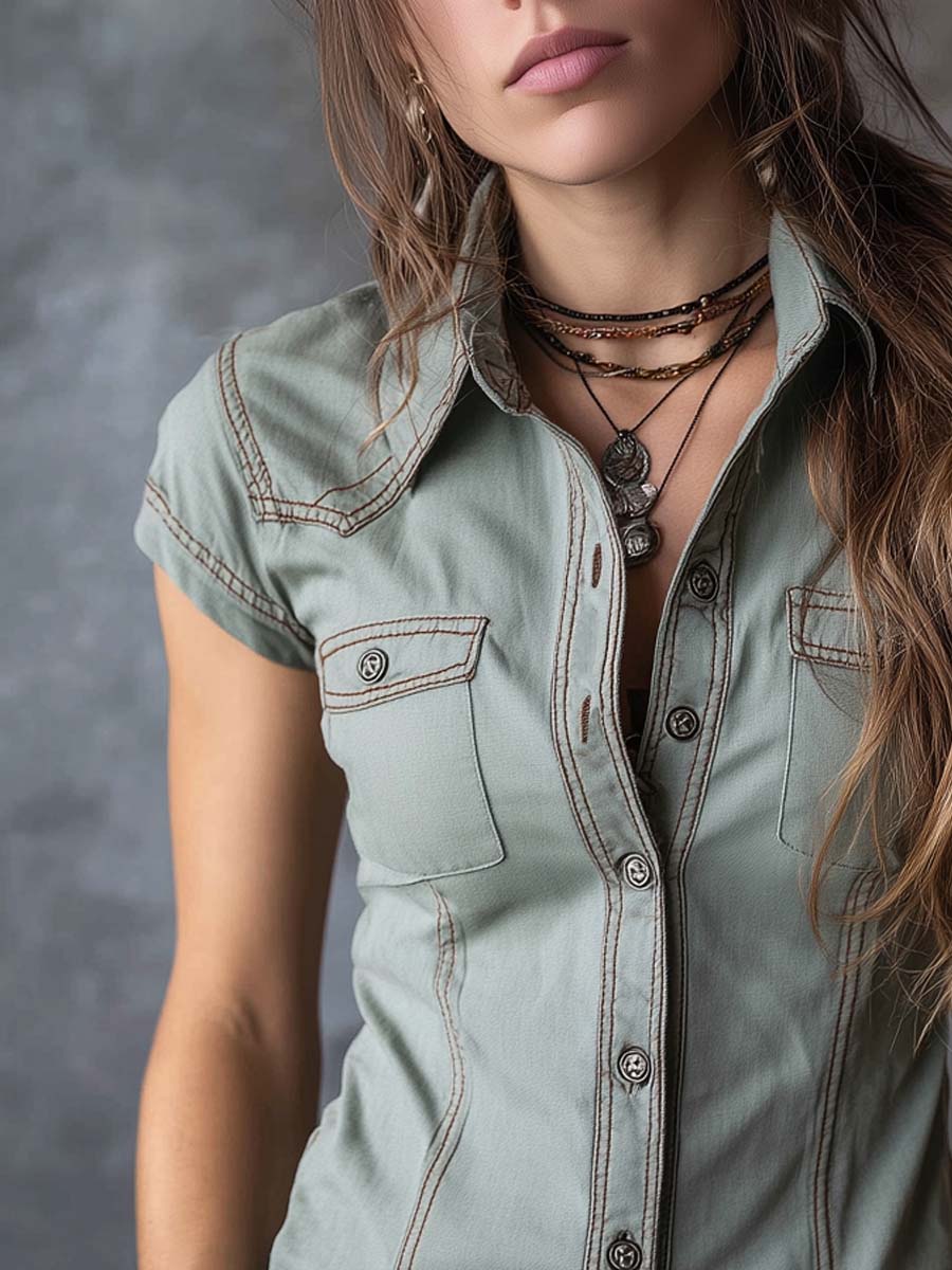 Retro Button Pockets Denim Blouse - Image 2