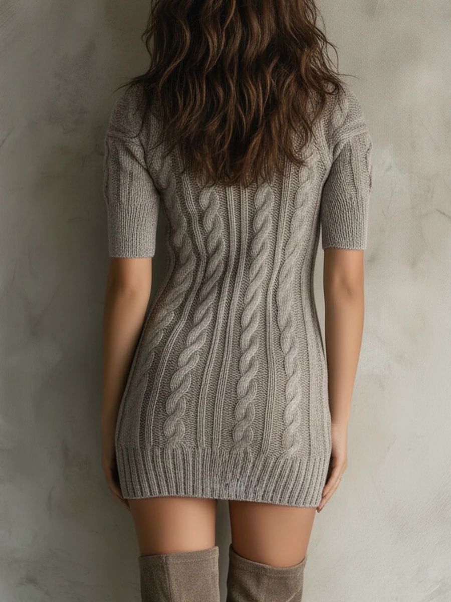Retro Cable Knit Short-sleeved Mini Dress - Image 3