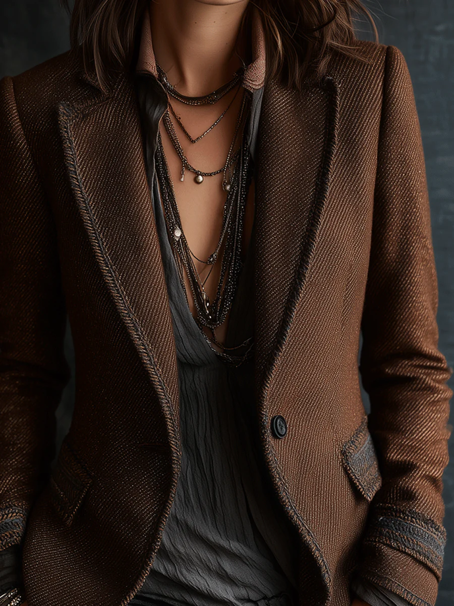 Retro Chic Dark Brown with Contrast Edge Trim Tailored Blazer - Image 3