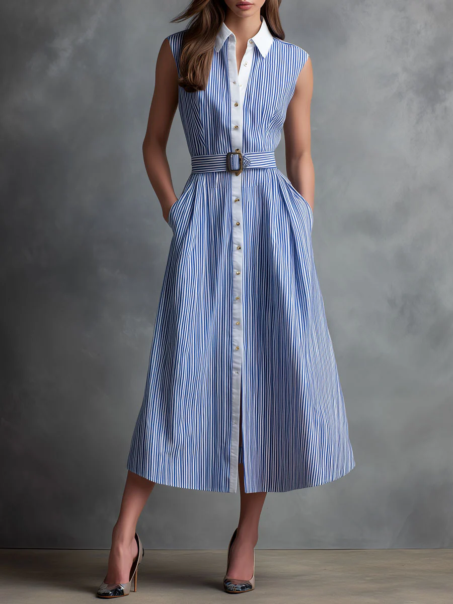 Retro Classic Blue & White Striped Belted Shirt Dress