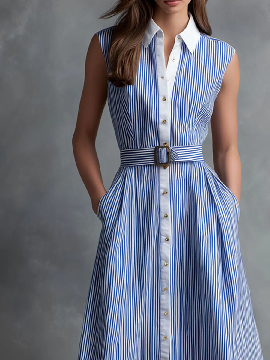 Retro Classic Blue & White Striped Belted Shirt Dress - Image 2