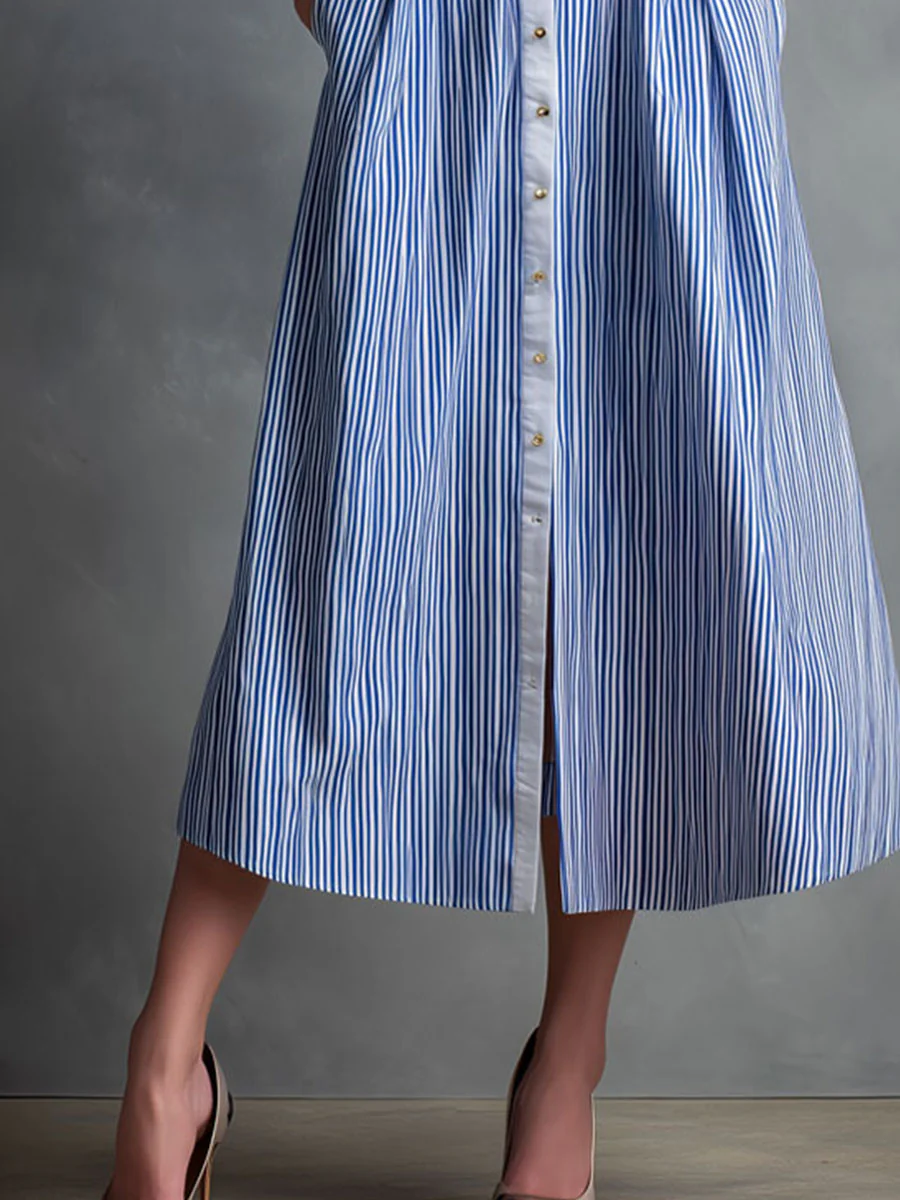 Retro Classic Blue & White Striped Belted Shirt Dress - Image 3