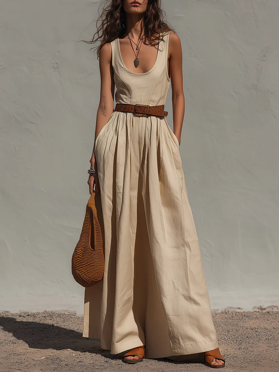 Retro Classic Cotton-Linen Maxi Dress With Belt