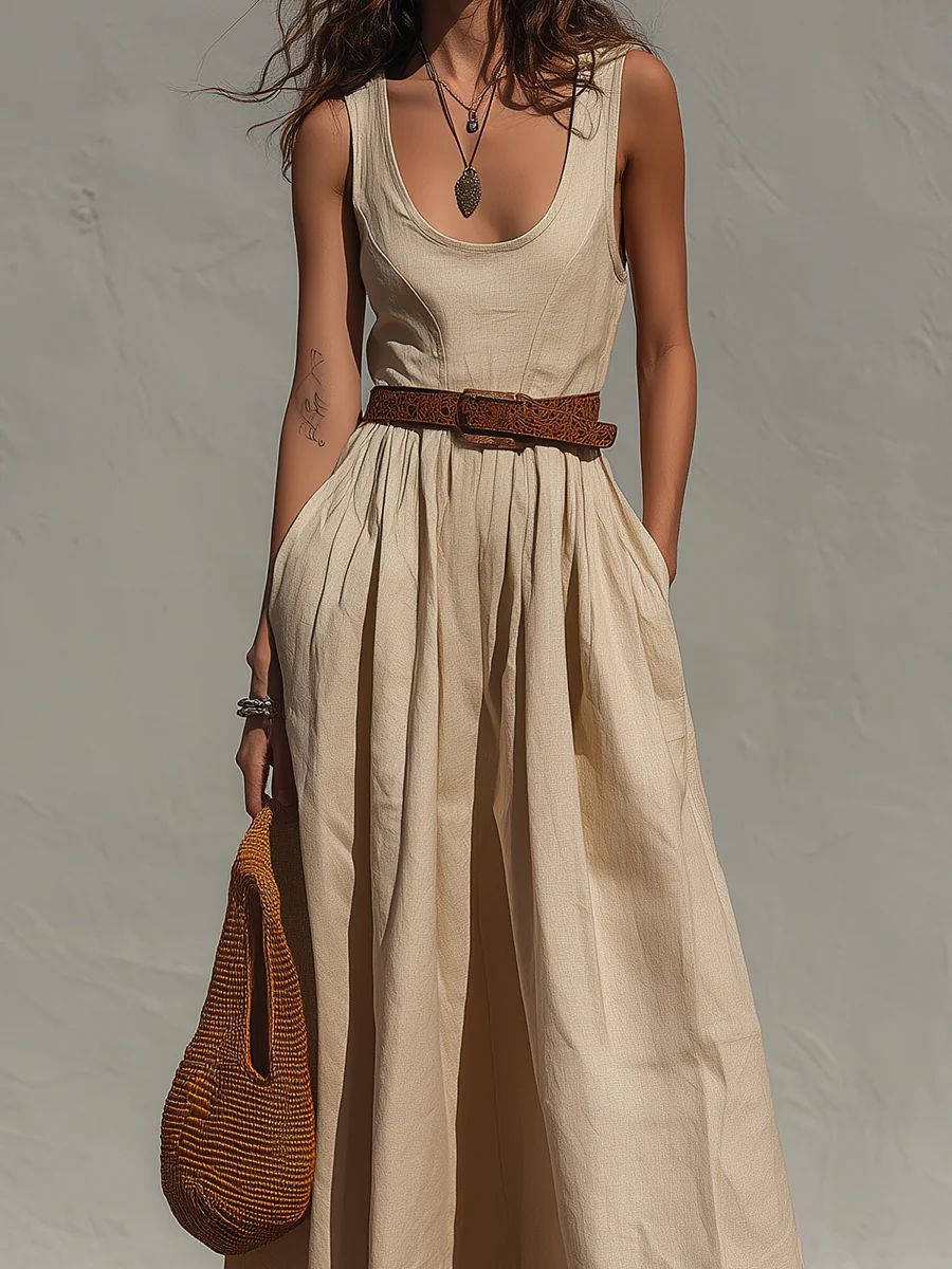 Retro Classic Cotton-Linen Maxi Dress With Belt - Image 2