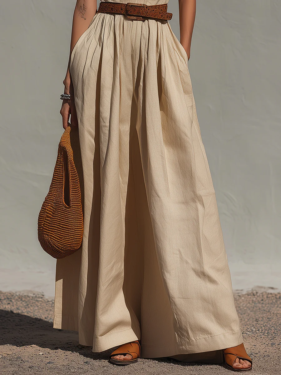 Retro Classic Cotton-Linen Maxi Dress With Belt - Image 3