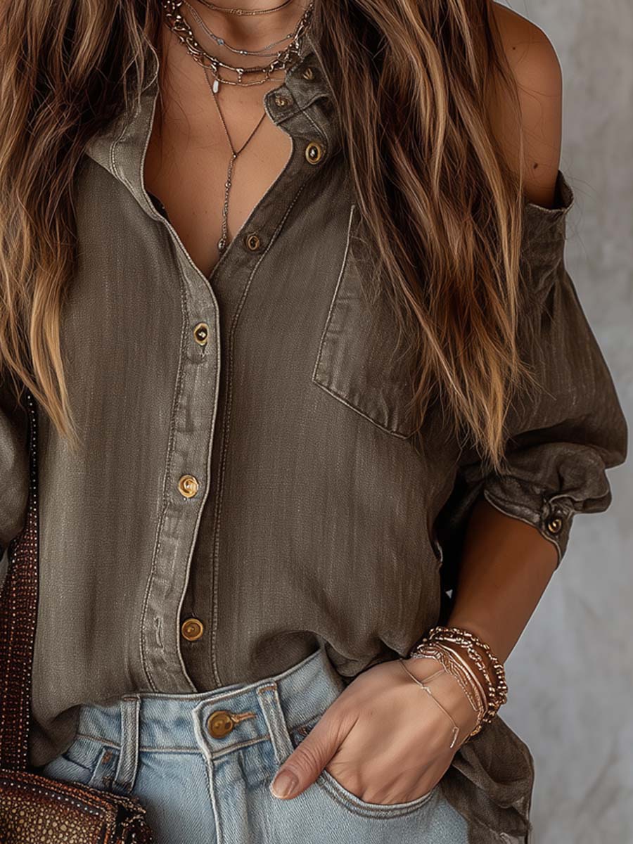 Retro Cold-shoulder Denim Blouse - Image 2