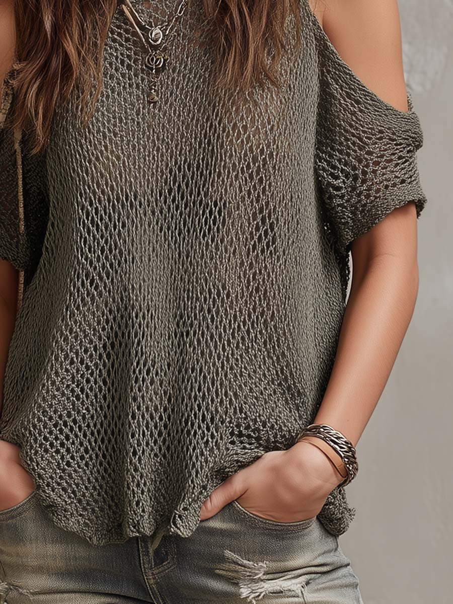 Retro Cold-Shoulder Knit Blouse - Image 3