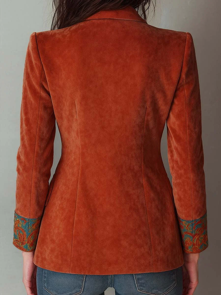 Retro Contrast Color Polyester Velvet Printed Blazer - Image 2