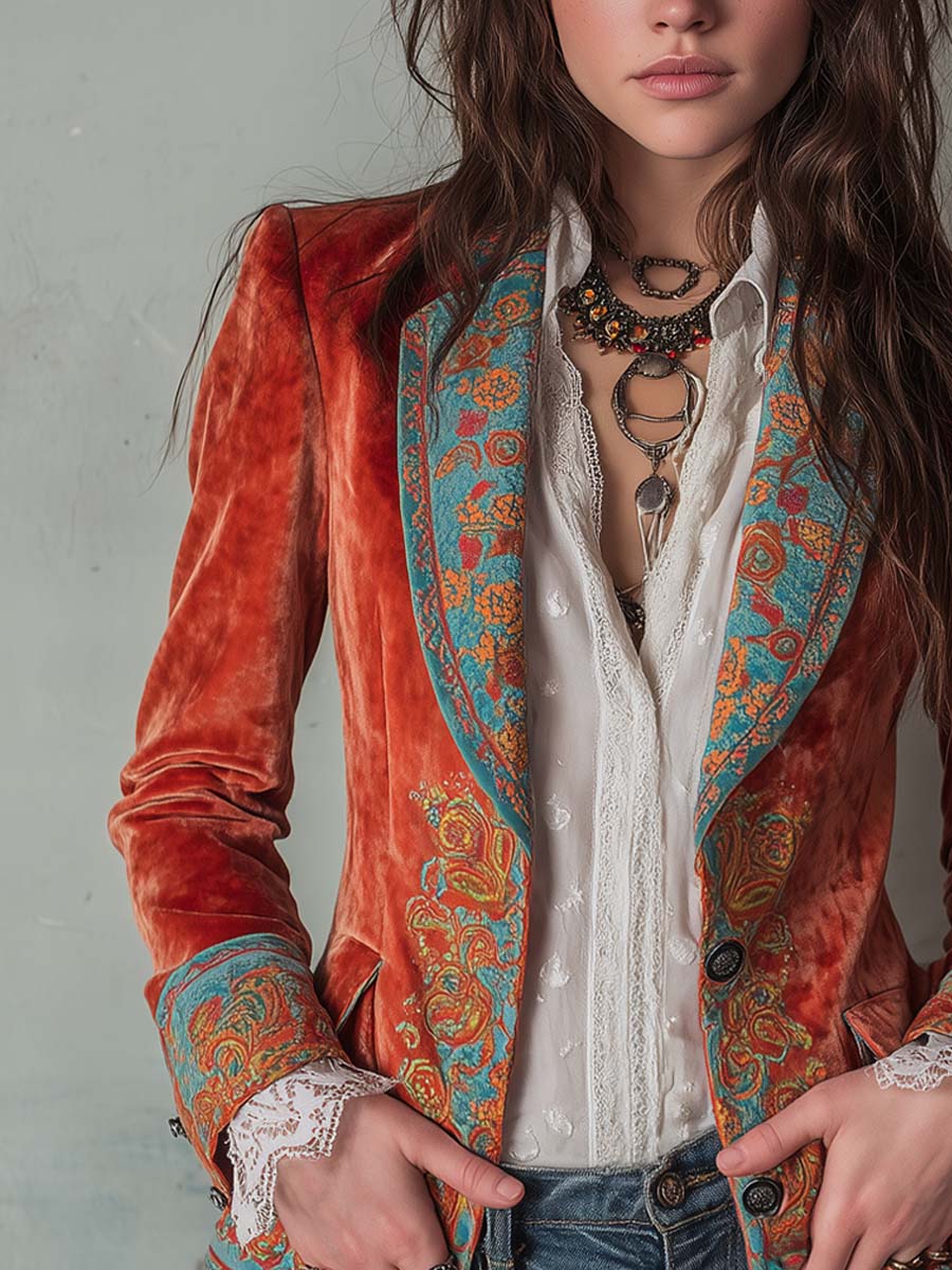 Retro Contrast Color Polyester Velvet Printed Blazer - Image 3