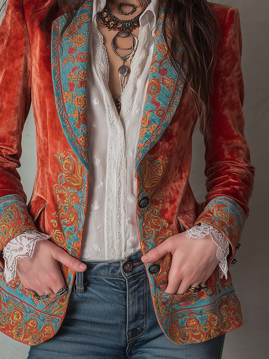 Retro Contrast Color Polyester Velvet Printed Blazer - Image 4