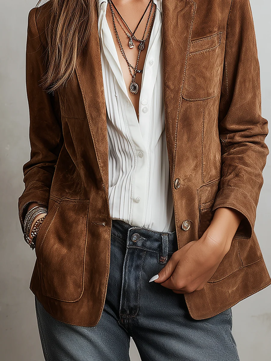 Retro Contrast Stitching Eco-friendly Suede Jacket - Image 5