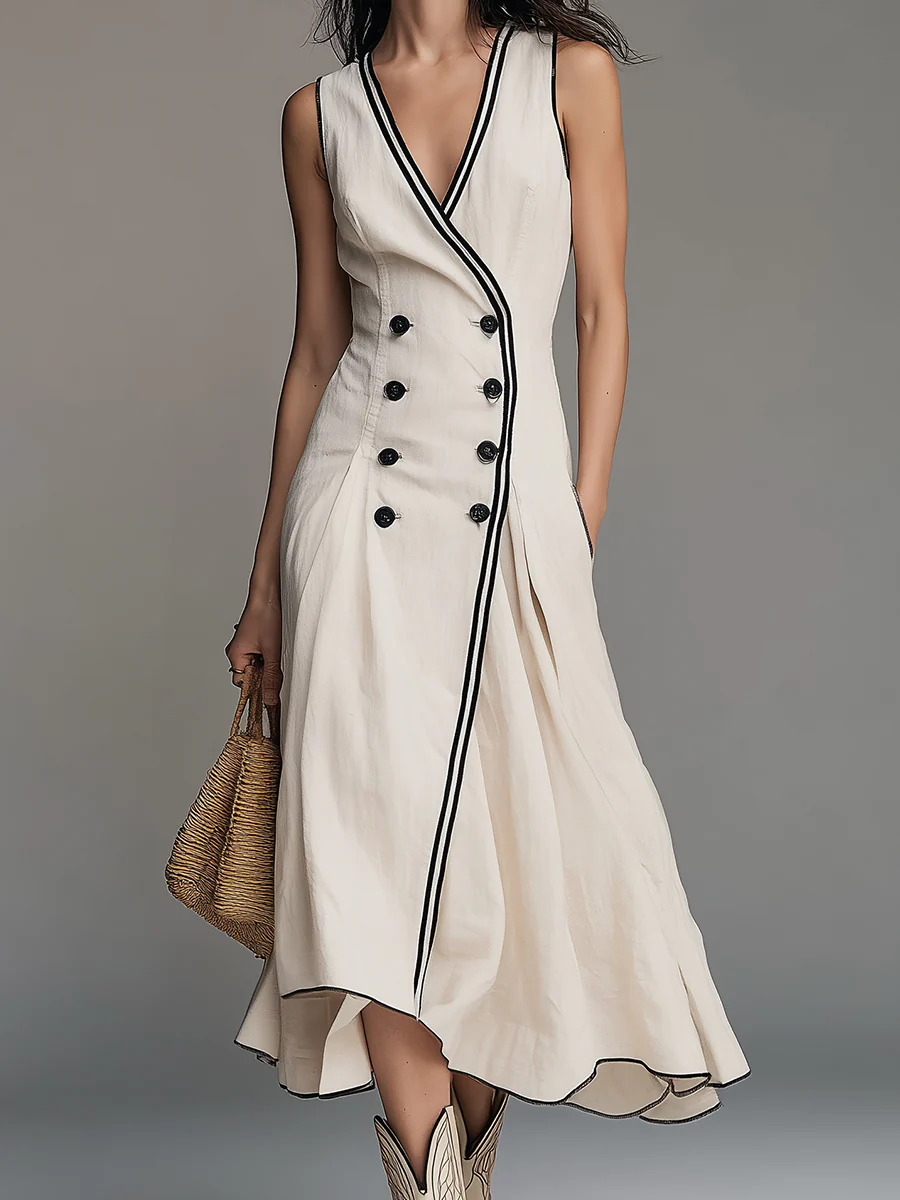 Retro Cotton-Linen A-Line Midi Dress With Contrast Piping - Image 2