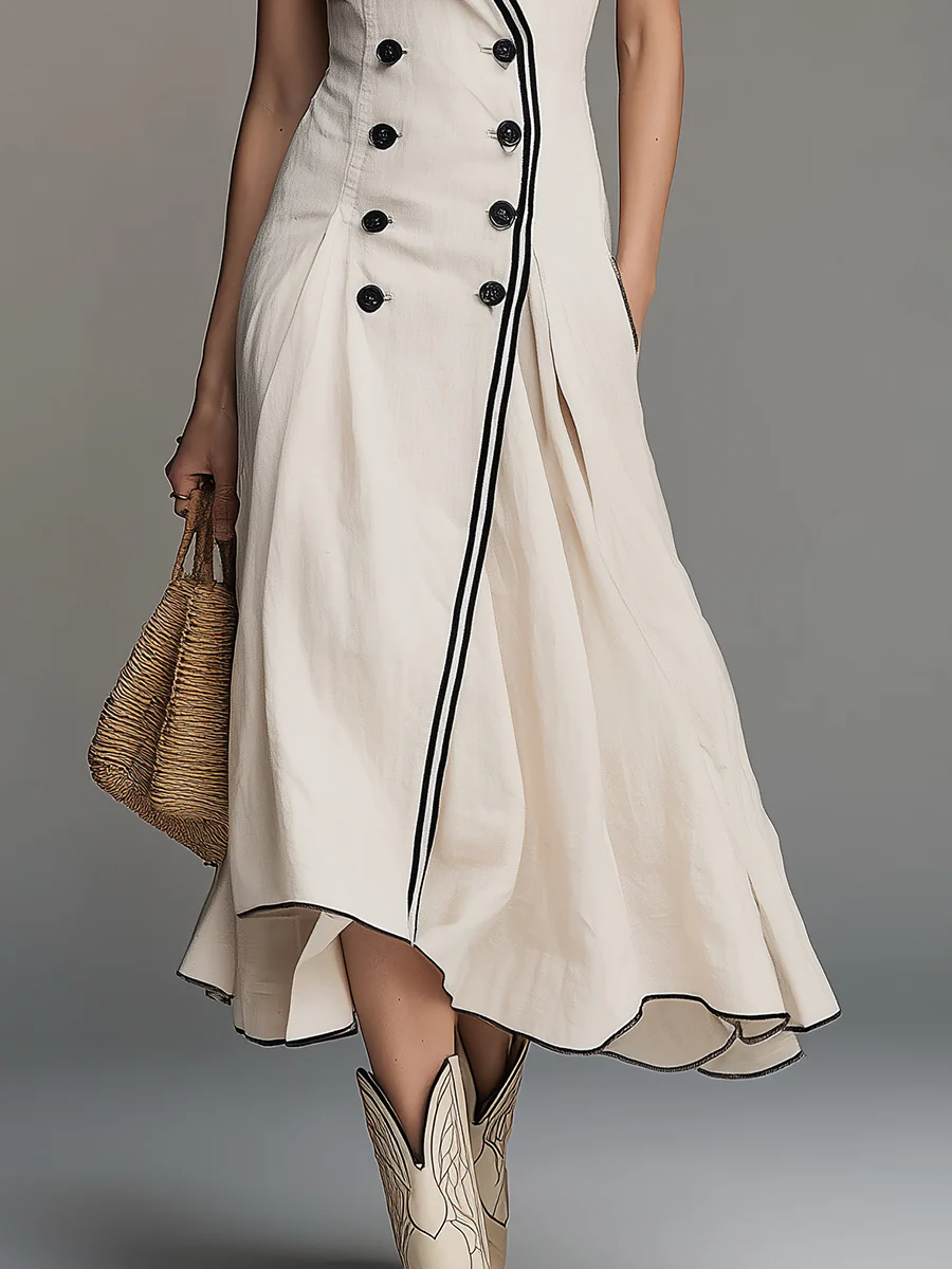 Retro Cotton-Linen A-Line Midi Dress With Contrast Piping - Image 3