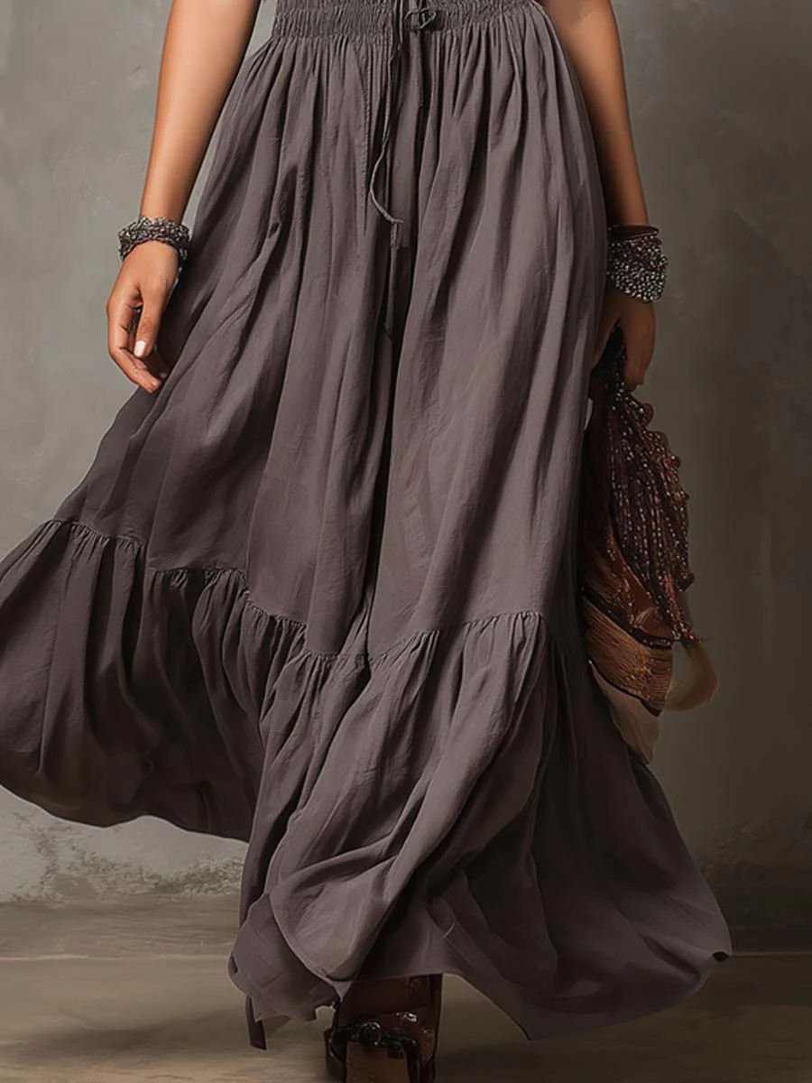 Retro Cotton-Linen Smocked Waist Maxi Dress - Image 3