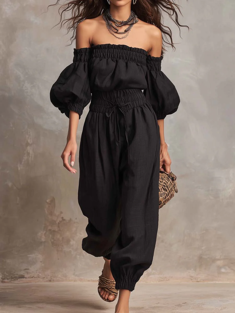 Retro Elastic Off-Shoulder Cotton-Linen Jumpsuit