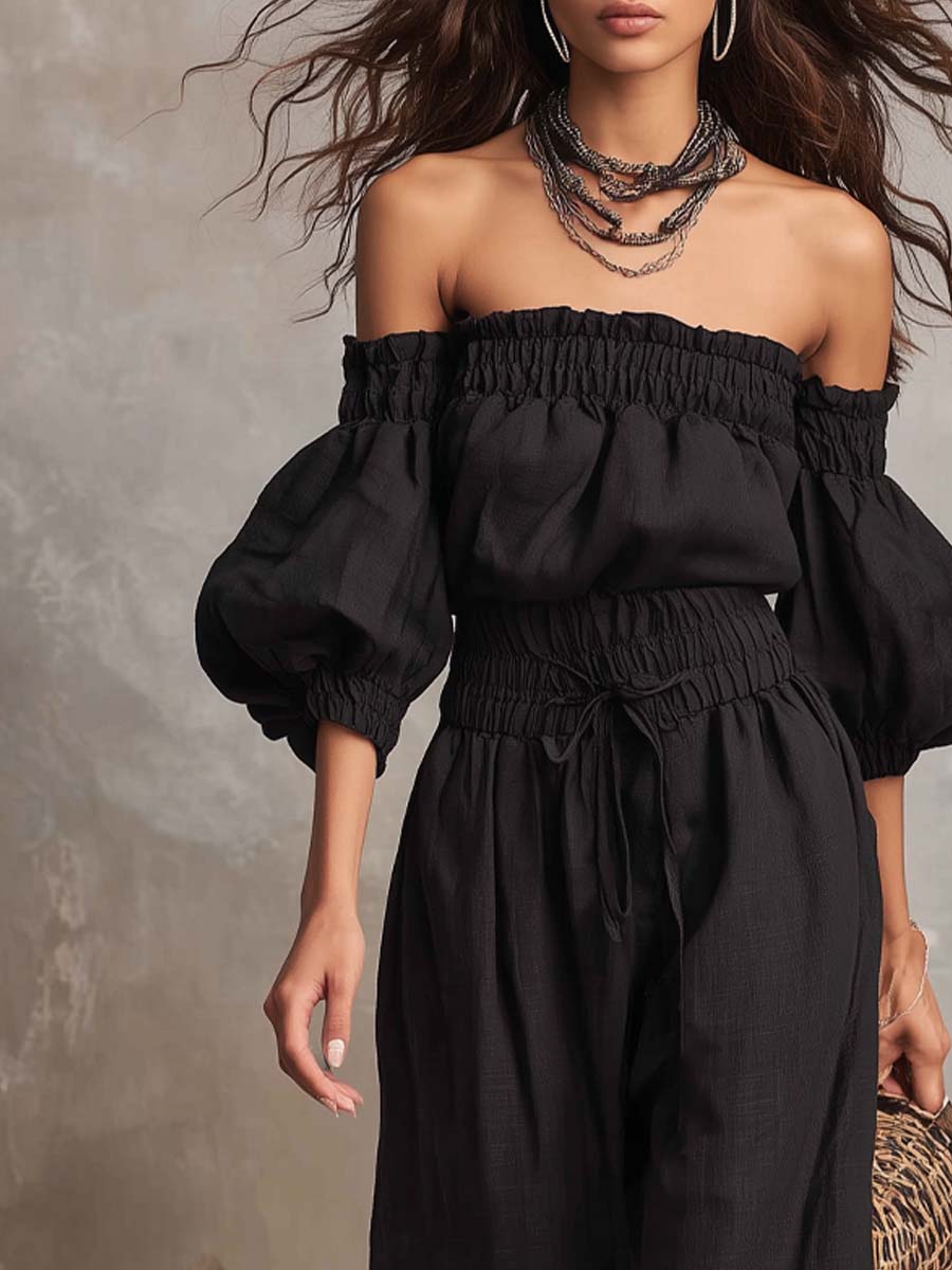 Retro Elastic Off-Shoulder Cotton-Linen Jumpsuit - Image 2