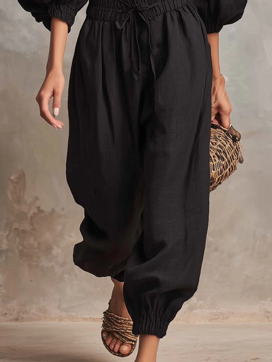Retro Elastic Off-Shoulder Cotton-Linen Jumpsuit - Image 3