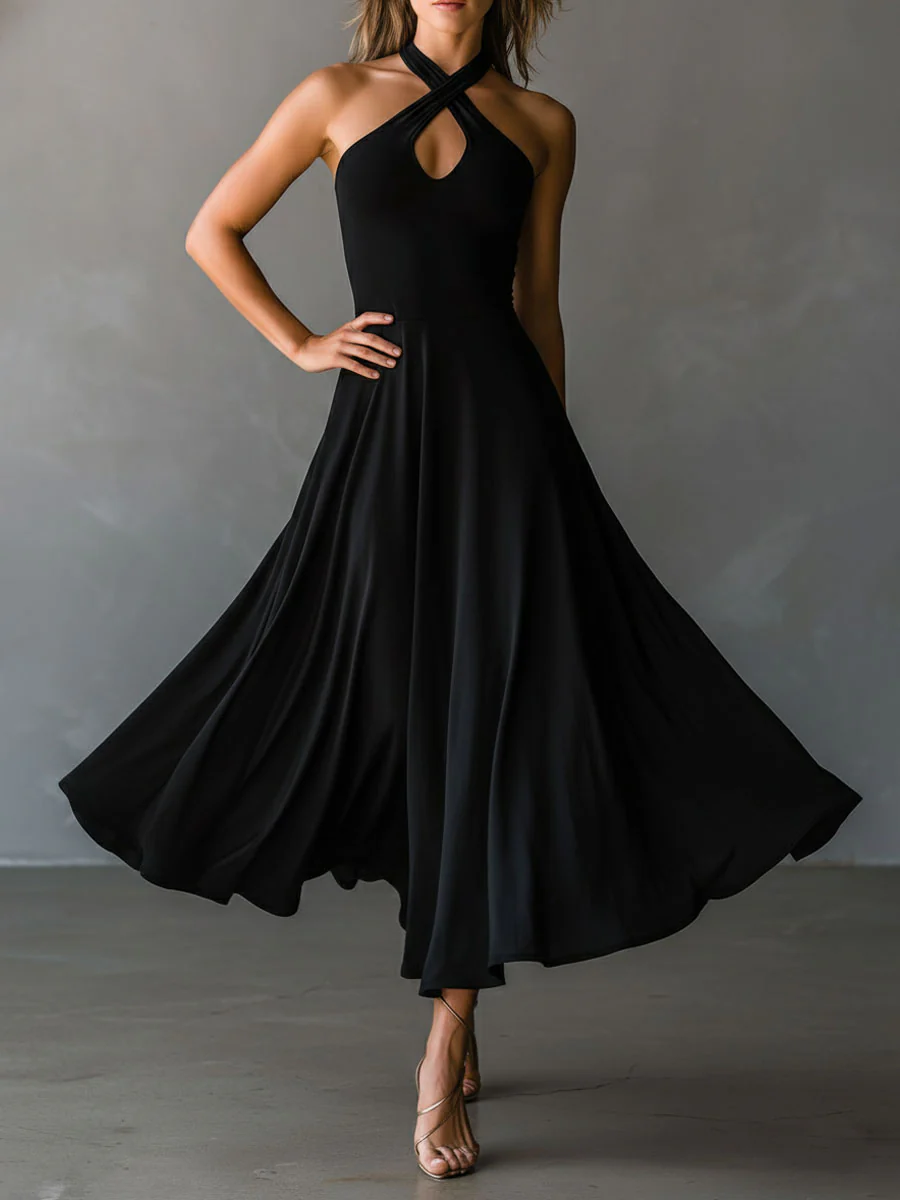 Retro Black Halter Cross Tie-back A-Line Midi Dress - Image 2