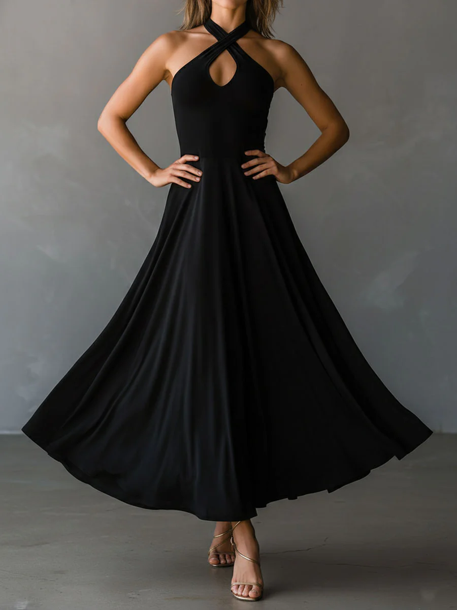 Retro Black Halter Cross Tie-back A-Line Midi Dress - Image 3