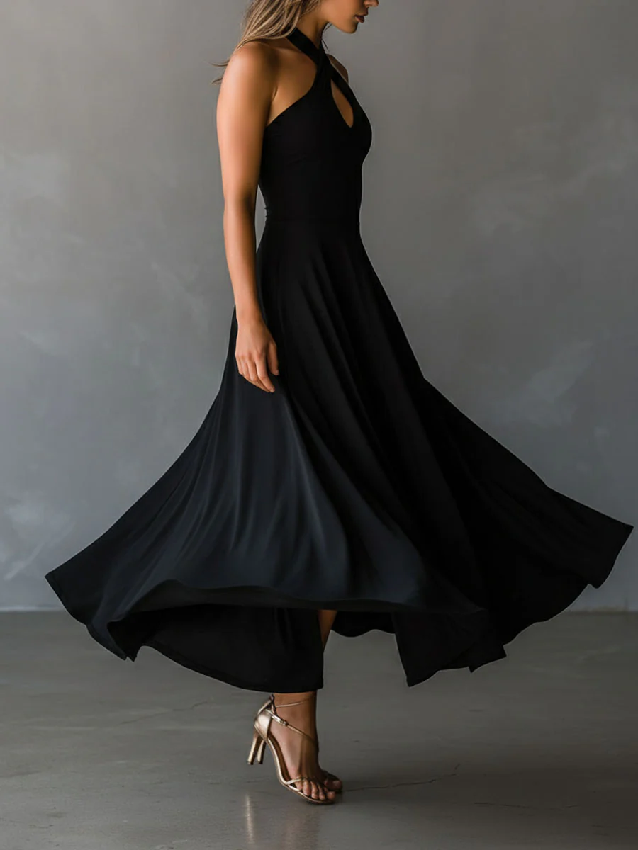Retro Black Halter Cross Tie-back A-Line Midi Dress - Image 4