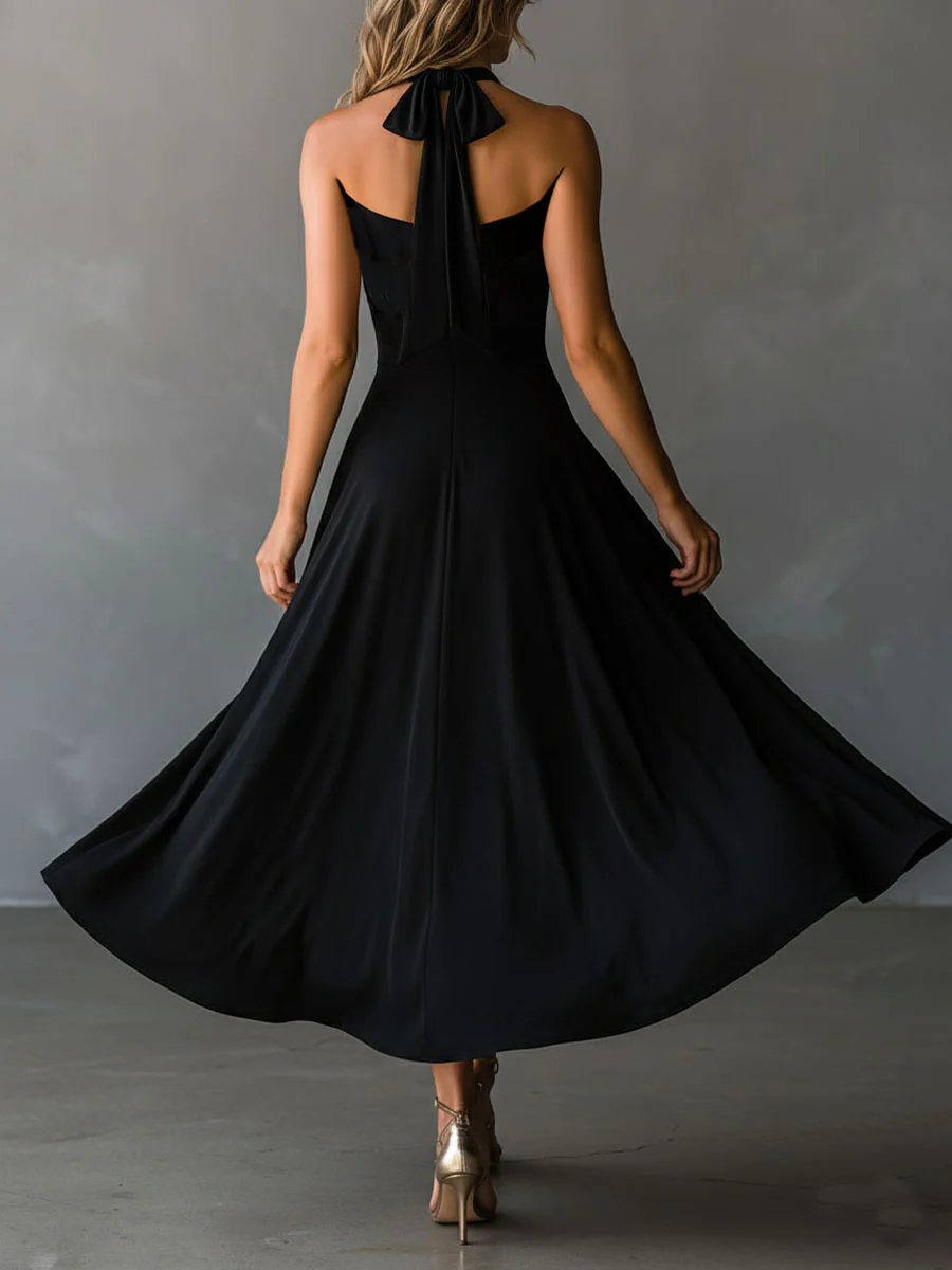 Retro Black Halter Cross Tie-back A-Line Midi Dress - Image 5