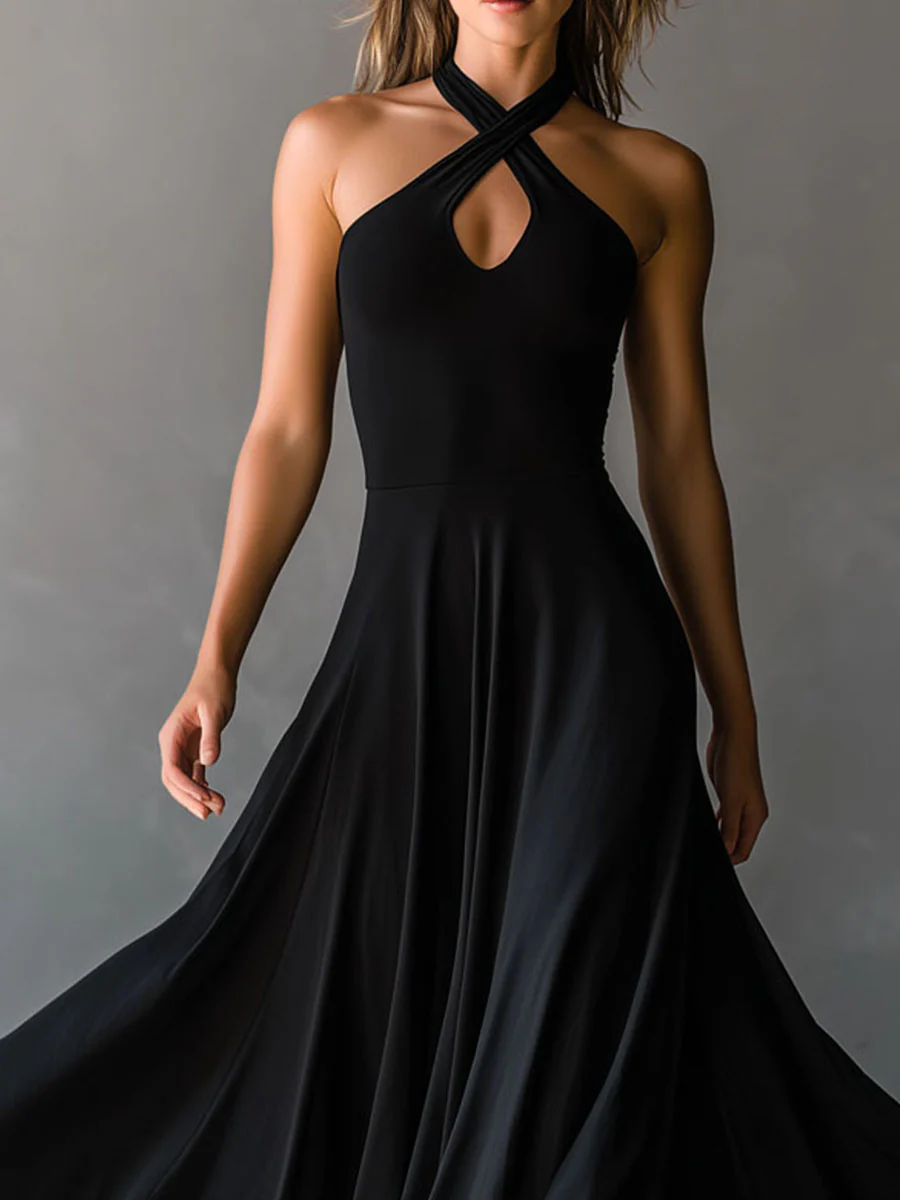 Retro Black Halter Cross Tie-back A-Line Midi Dress - Image 6