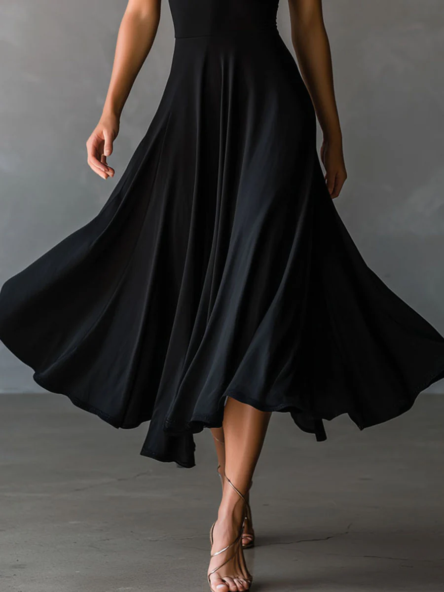 Retro Black Halter Cross Tie-back A-Line Midi Dress - Image 7