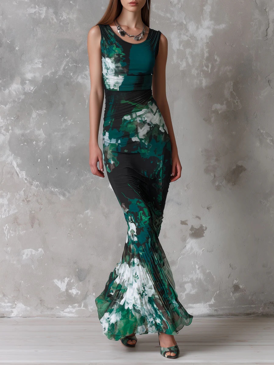 Retro Elegant Emerald Bloom Sleeveless Pleated Maxi Dress