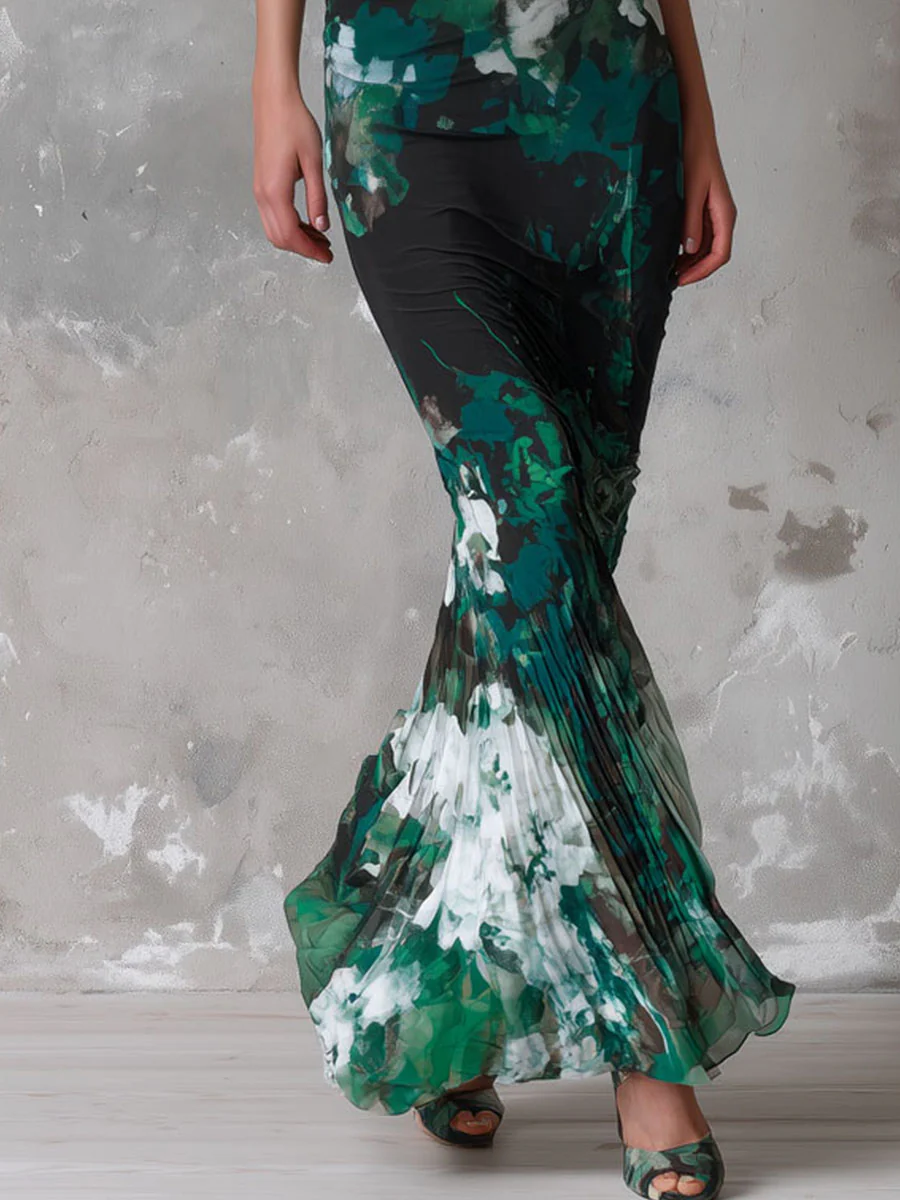 Retro Elegant Emerald Bloom Sleeveless Pleated Maxi Dress - Image 3