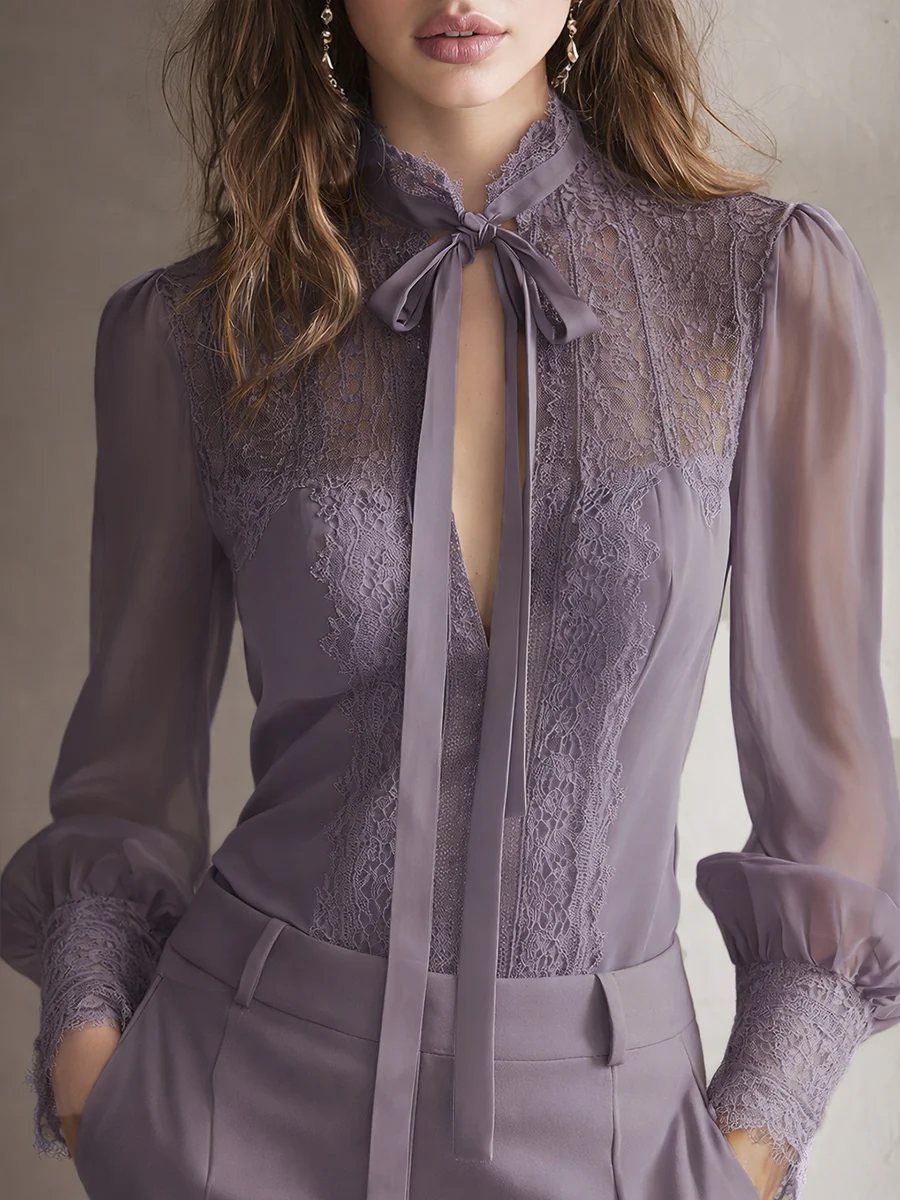Retro Elegant Lace Stand-up Collar Tie Neck Chiffon Blouse - Image 12