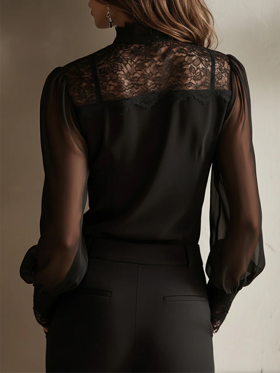 Retro Elegant Lace Stand-up Collar Tie Neck Chiffon Blouse - Image 3