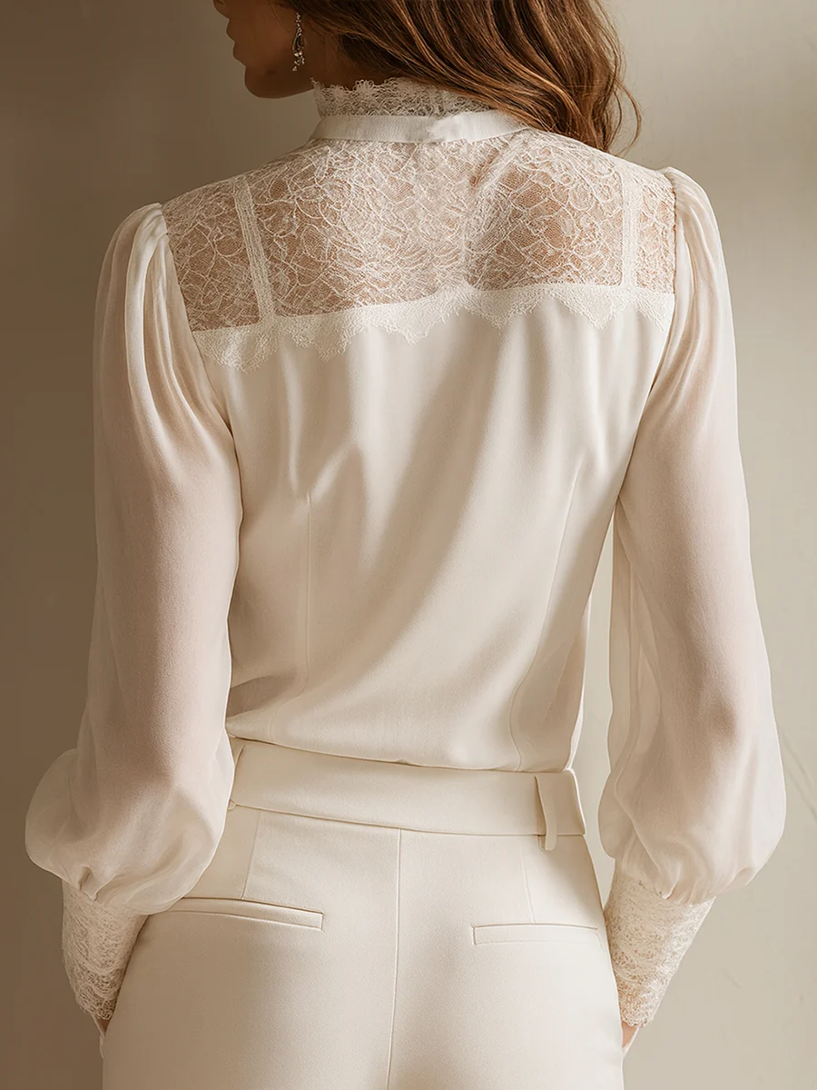 Retro Elegant Lace Stand-up Collar Tie Neck Chiffon Blouse - Image 5