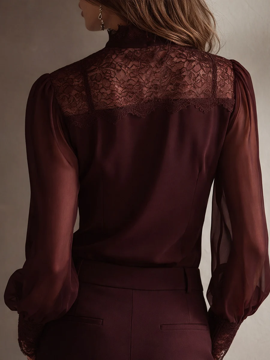Retro Elegant Lace Stand-up Collar Tie Neck Chiffon Blouse - Image 7