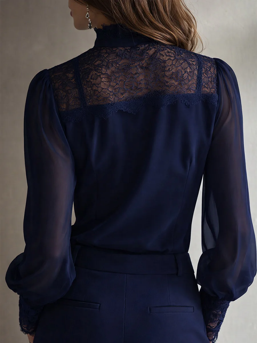 Retro Elegant Lace Stand-up Collar Tie Neck Chiffon Blouse - Image 9