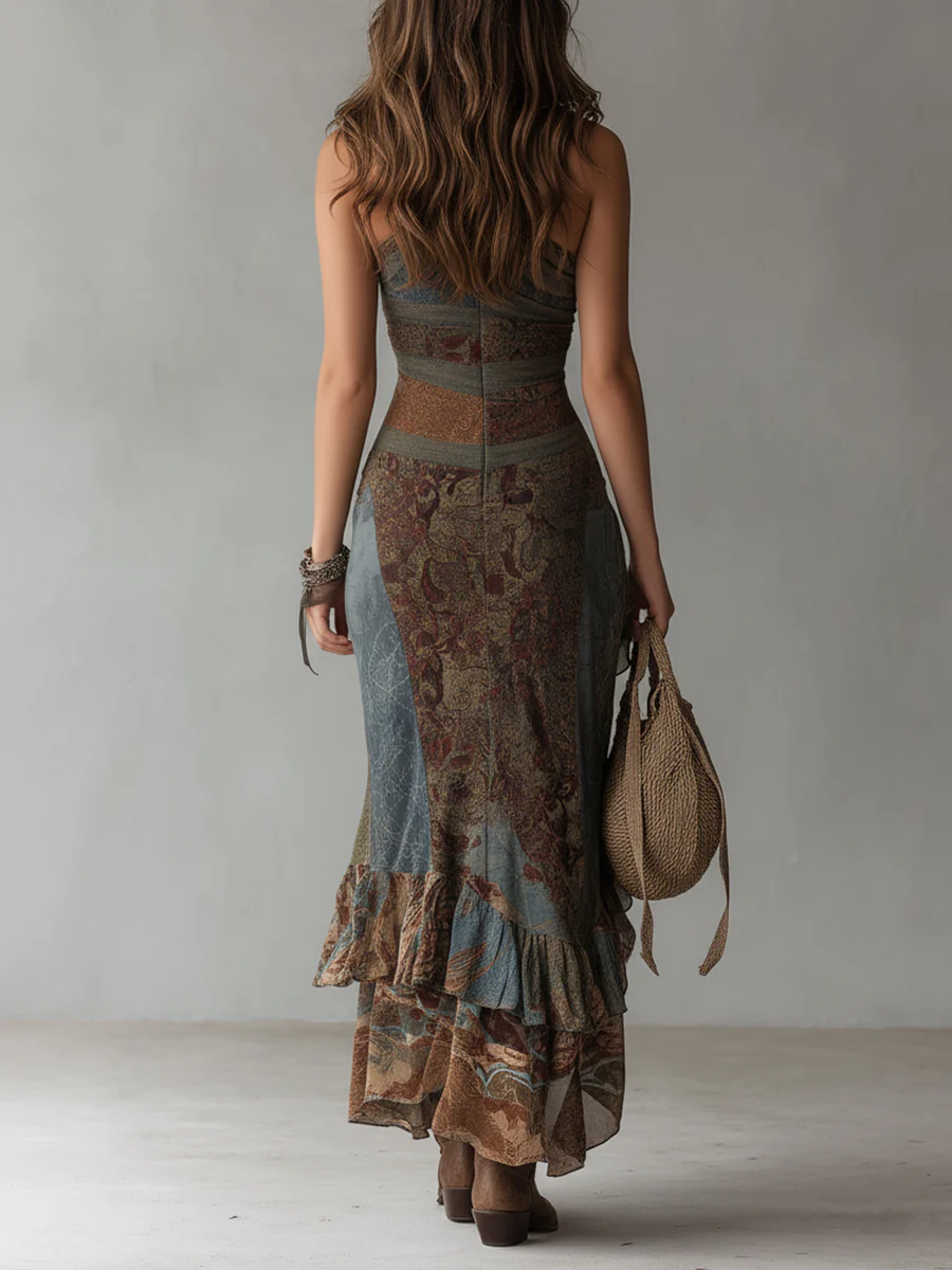 Retro Ethnic Style Printed One-shoulder High Slit Maxi Dress - Image 3
