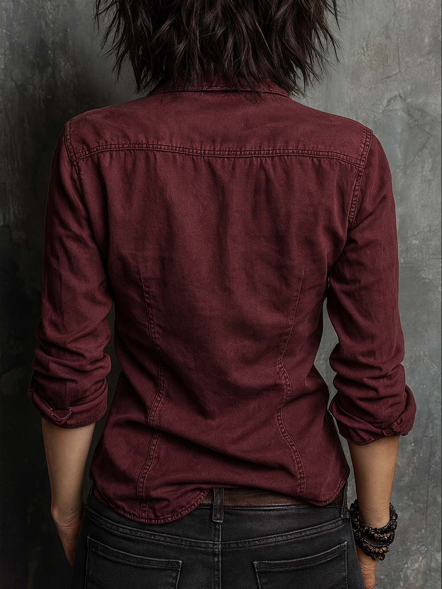 Retro Flap Chest Pocket Long-sleeved Denim Blouse - Image 2