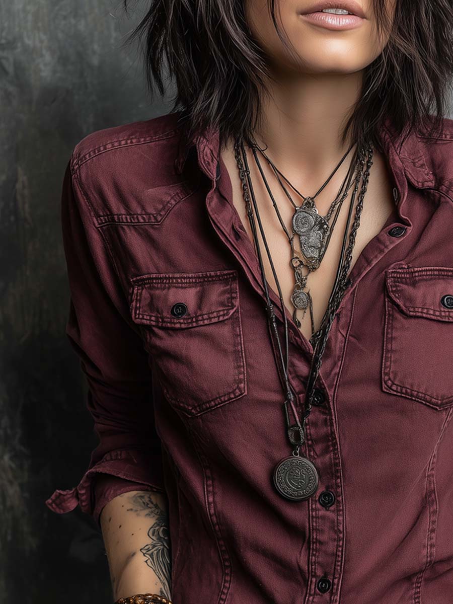 Retro Flap Chest Pocket Long-sleeved Denim Blouse - Image 3