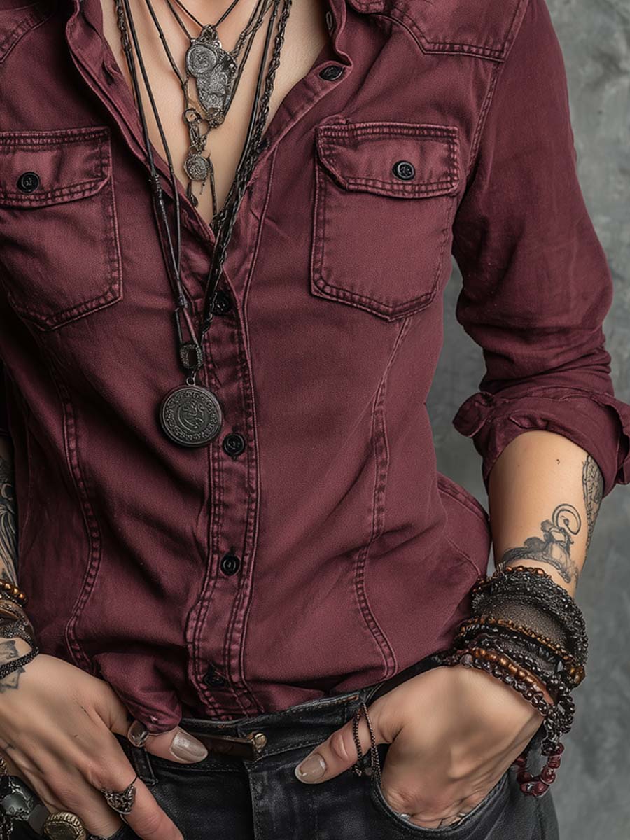 Retro Flap Chest Pocket Long-sleeved Denim Blouse - Image 4