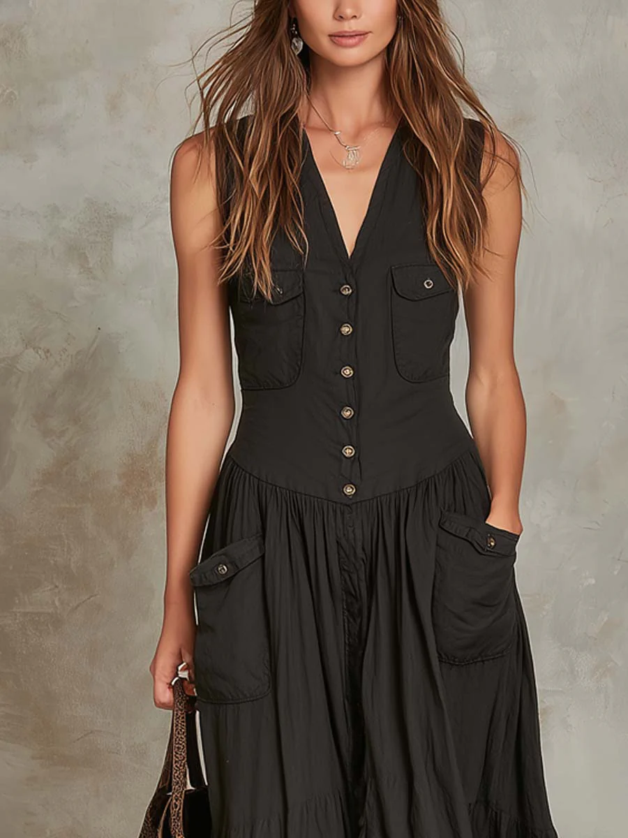 Retro Flap Pocket Cotton Maxi Dress - Image 3