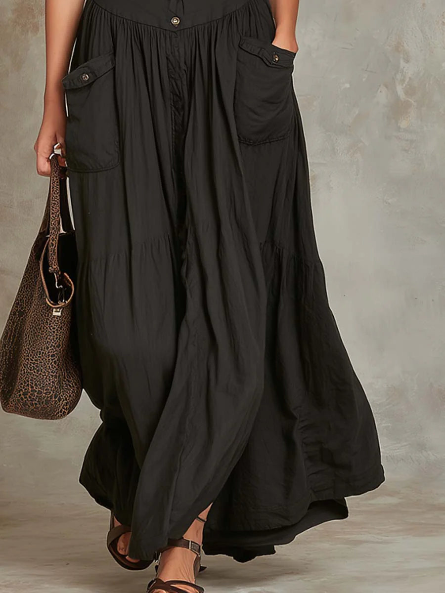 Retro Flap Pocket Cotton Maxi Dress - Image 4