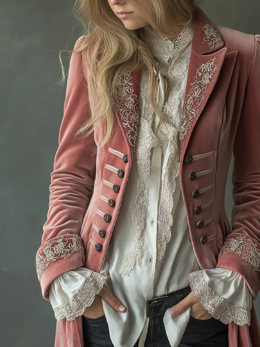 Retro Floral Embroidery Poly Velvet Coat - Image 3