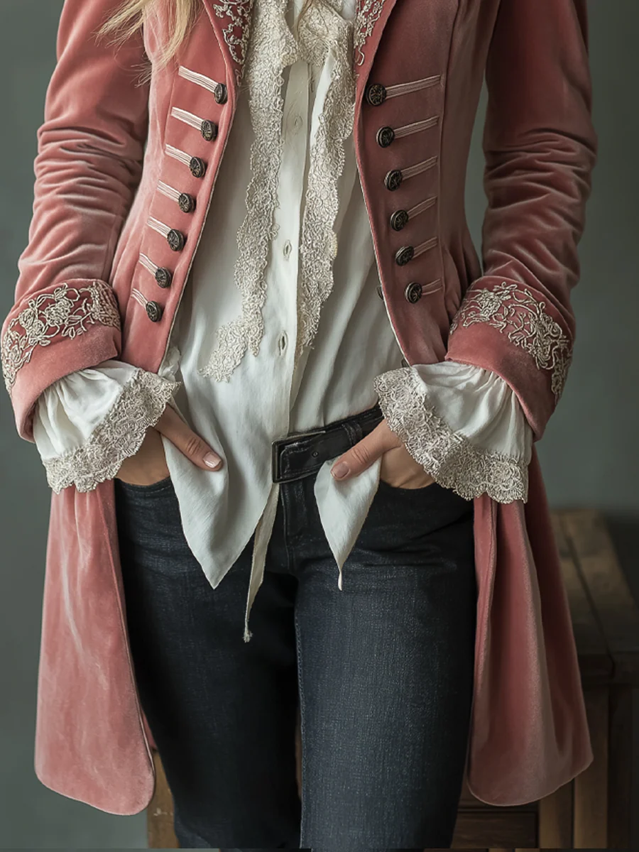 Retro Floral Embroidery Poly Velvet Coat - Image 4
